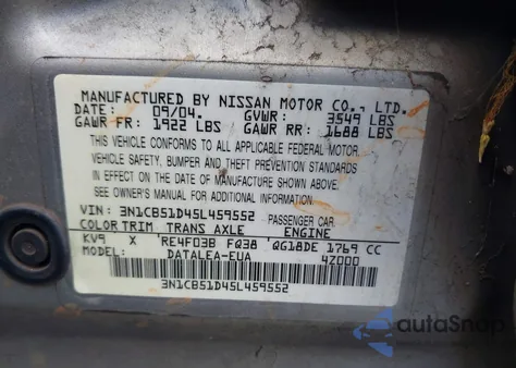 2005 Nissan Sentra 1.8S из США, поврежденный, VIN 3N1CB51D45L459552